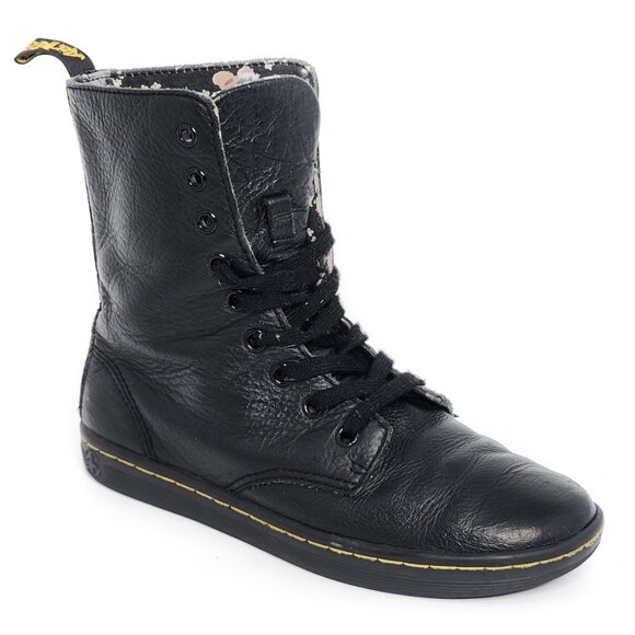 DR. MARTENS Stratford Black Floral Foldover Combat Boots Black Women's - Picture 1 of 8